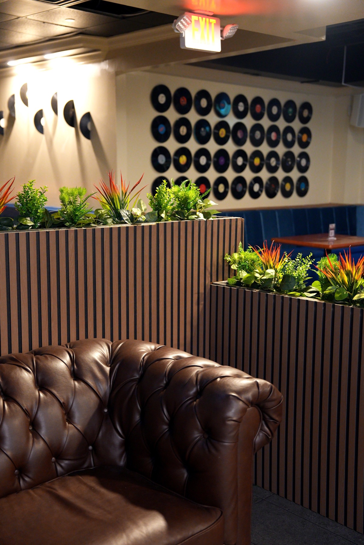 Tempo lounge seating with record wall and greenery